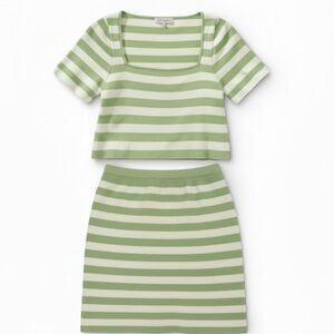Lilou Green White Cabana Stripe Knit Crop Top & Mini Skirt Set Travel Ready Jr L